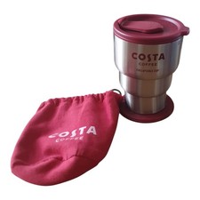 COSTA COFFEE: COLLAPSIBLE TRAVEL CUP METAL INSULATED RE-USE! WITH CARRY SACK