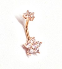 Belly Bars ROSE GOLD Crystal Clear CZ Flower Navel Bar Ring 316L Surgical Steel