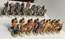Fantasy Knights And Wizards Hand Painted Chess Set, King Arthur/Merlin, Complete