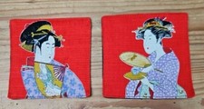 2 x Vintage Japanese Geisha Design Linen Coasters / Mats, 12cm x 12cm