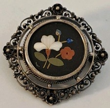 Vintage PETRA DURA 800 Fine Silver Stone Mosaic Floral Pin Brooch Filigree