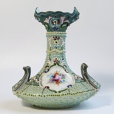 Antique Nippon Moriage Porcelain Vase Handpainted Art Nouveau Beaded 7” Japan