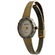 Vintage Gruen Ladies Watch Gold Tone Diamond Bezel Silver Dial