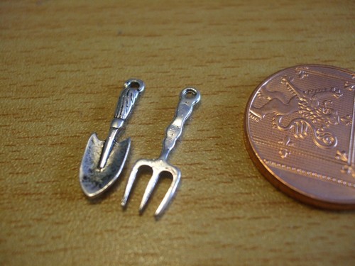 Dolls house tools spade fork - &,