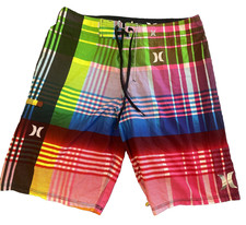 Hurley Men's Swimming Board Shorts Multicoloured Pattern Zip Pocket 32 Waist