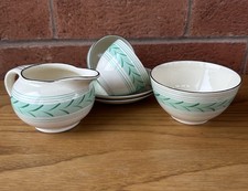 Burleigh Balmoral Mint, Cream And Black Art Deco Creamer Sugar Bowl Cups Saucers