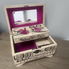 Vintage Musical Jewellery Box Cream French Scene Mirror Japanese Prop Vanity Key