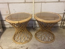 Pair 2 Vintage Twisted Rattan Lamp Side Tables – Cane Mid Century Boho Plant