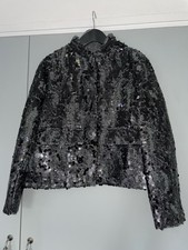 Zara Charcoal Grey/black Sequin Tweed Jacket + Mandarin Collar & Front Pockets