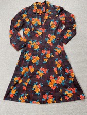 Vintage 70s Dress Womens Size 10 UK Brown Orange Floral Print 1970s