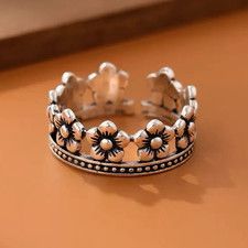 Vintage Flower Linked Adjustable Ring 925 Sterling Silver Women Girls Jewellery