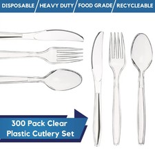 100 Disposable Plastic Cutlery Spoons Forks Knives Heavy Duty Cutlery - Reusable