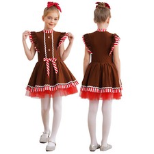 UK Kids Girls Christmas Gingerbread Man Costume Flying Sleeve Stripes Tutu Dress