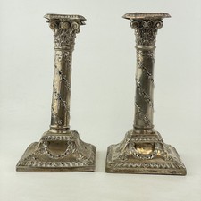 Antique Sterling Silver Pair Of Candlesticks Corinthian Column 22cm A/F