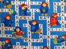 RARE Paddington Bear Blue Crossword Puzzle Scene Cotton Fabric Chose Size