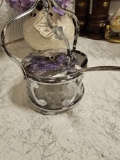 Vintage Silver Jam /Sugar Bowl With Spoon And Glass Insert. 6" T By 4" W