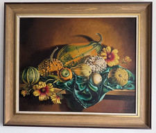 Hugh Chegwidden large oil painting Still life pumpkins and flowers framed