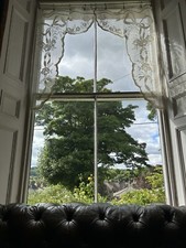 Laura Ashley Vintage style White Cotton Gustavian lace curtain Swag panels