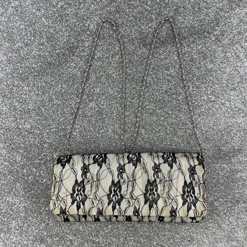 Cream black lace handbag - black,