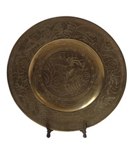 Antique Chinese Dragons Engraved Solid Brass Plate/Dish 25.5cm Maker Signed Org