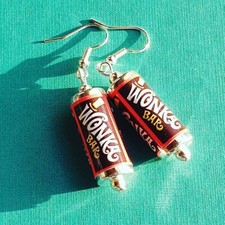 Unique WONKA BAR EARRINGS handcrafted CHOCOLATE mixed up dolly GIFT BAG logo