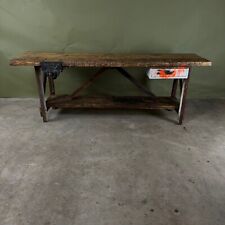 Vintage Solid Old Pine Workbench with Graffiti Drawer and Working Vice