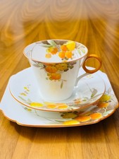 Rare Shelley Art Deco Yellow and Orange Acacia Pattern Regent Shape Teacup Trio 