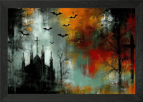 Gothic church with bats - church, framed