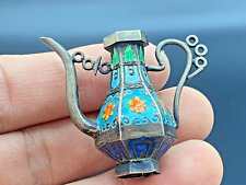 Antique Chinese Miniature Silver Enamel Teapot Jug Play Doll House Pendant Fob