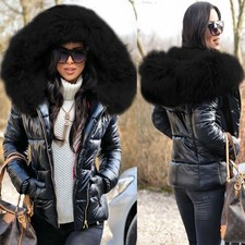 Womens Winter Warm Quilted Padded Parka Short Fur Collar Hooded Coat Jacket UK