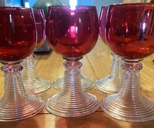 Rare Set of 6 Vintage Art Deco Cranberry Beehive Stem Small Hock/Sherry Glasses