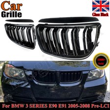 FOR BMW 3 SERIES E90 E91 DUAL SLAT GLOSS BLACK FRONT KIDNEY GRILLE 05-08 PRE-LCI
