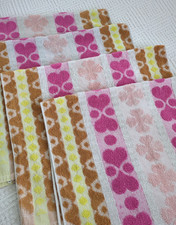 4 Vintage Pink Yellow Brown Flowers Hearts Spots Striped Hand Towels 70s
