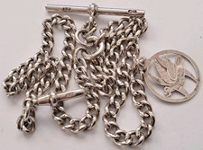 Antique Solid Silver Double Pocket Watch Albert Chain & Fob 27Gram. 15.5 Inch