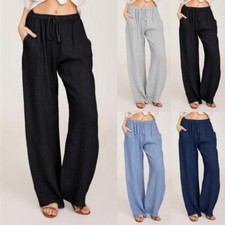 Womens Cotton Linen Wide Leg Pants Ladies Elasticated Waist Casual Trousers UK