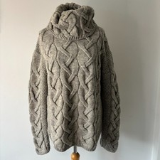 British Wool Naturally Chunky Jumper Cable Knit Polo Neck Size L Grey Pure Wool