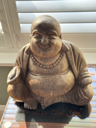 Carved wood laughing buddha - wood,