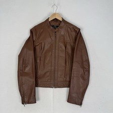 Wallace Sacks Brown Leather Jacket Cafe Racer Biker Jacket Womens Y2K Size 16