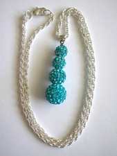 TURQUOISE AQUA BLUE NECKLACE.  4 CRYSTAL SHAMBALLA BALLS.  ROPE CHAIN 17.5" long