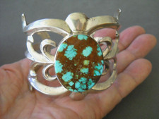 RARE 1970s Native American Navajo Gem Turquoise Sterli Silver Sand Cast Bracelet