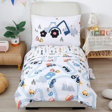 STYHO Toddler Bedding Set–Cars Print Reversible Duvet Cover –White, Cot Bed size