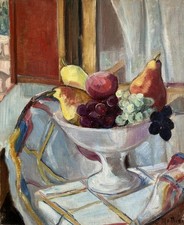 Vintage Oil Painting Fine Colourist Still Life FRUIT IN A BOWL J. Mathieu 1963