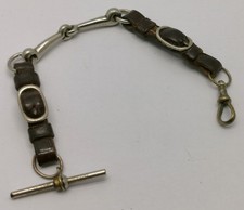 Vtg 1920s Art Deco Chrome Metal & Leather Buckle Link Pocket Watch Albert Chain