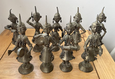 9 Antique India Hindu Metal Musician Rajasthani Dafli Figures Vintage Rare Set