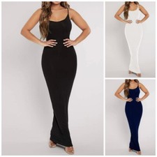 WOMENS LADIES SLEEVELESS SCOOPNECK SOLID SEXY LONG LENGTH CAMI DRESS UK 8-26