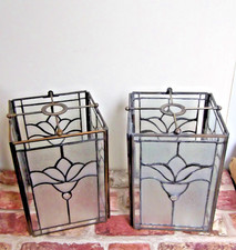 Pair of  LEADED GLASS HANGING LANTERN Hall Home Ceiling Lights Vintage