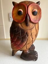 Wooden Carved Large Coloured Owl, Dark Brown, Red, Sculpture Ornament, Bird, Art