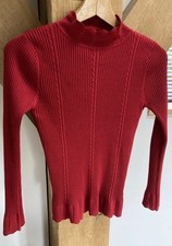 Ladies Red Skinny Rib Jumper Pullover UK 10 Scalloped High Neck thin knit