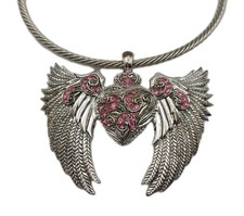 Bold Angel Wing Heart Pink Rhinestone Torque Torc Collar Choker Statement Biker 