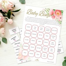 BABY SHOWER BINGO -  20 & 10 Players Game Girl , Pink Floral, Flowers, Leaf, Win